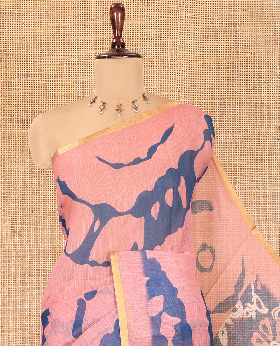 Onion Pink Linen Cotton Saree, Adorned with Shibori Print, Gold Piping Border, Contrast Floral Printed Pallu, and Contrast Floral Printed Blouse