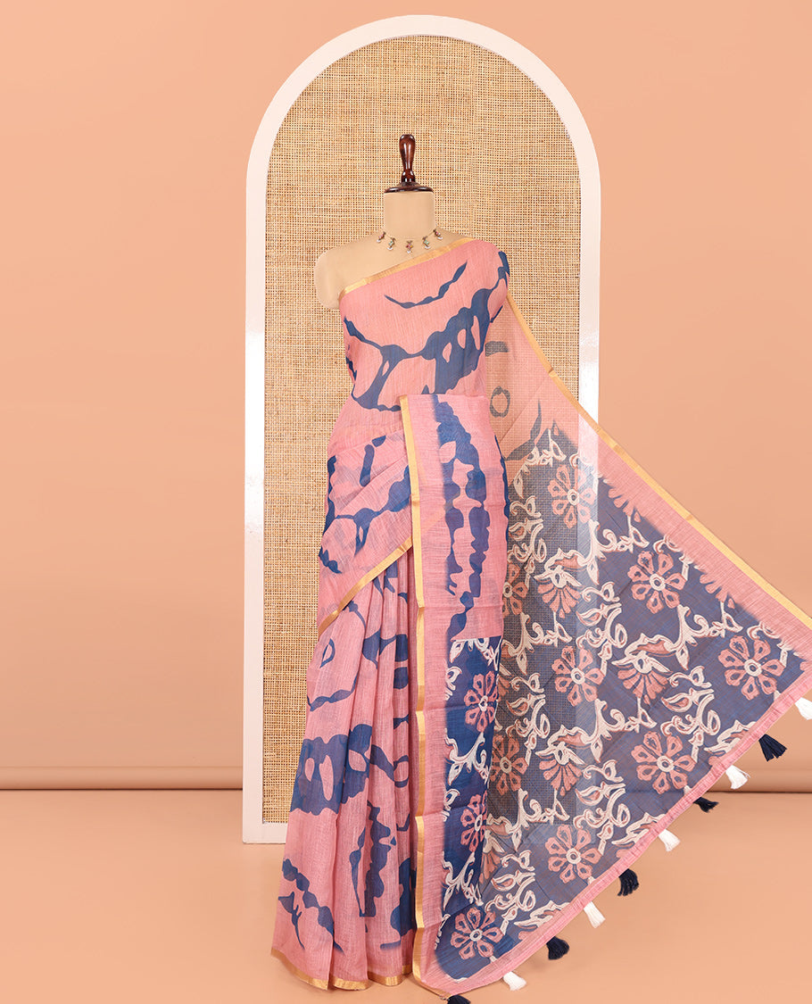 Onion Pink Linen Cotton Saree, Adorned with Shibori Print, Gold Piping Border, Contrast Floral Printed Pallu, and Contrast Floral Printed Blouse