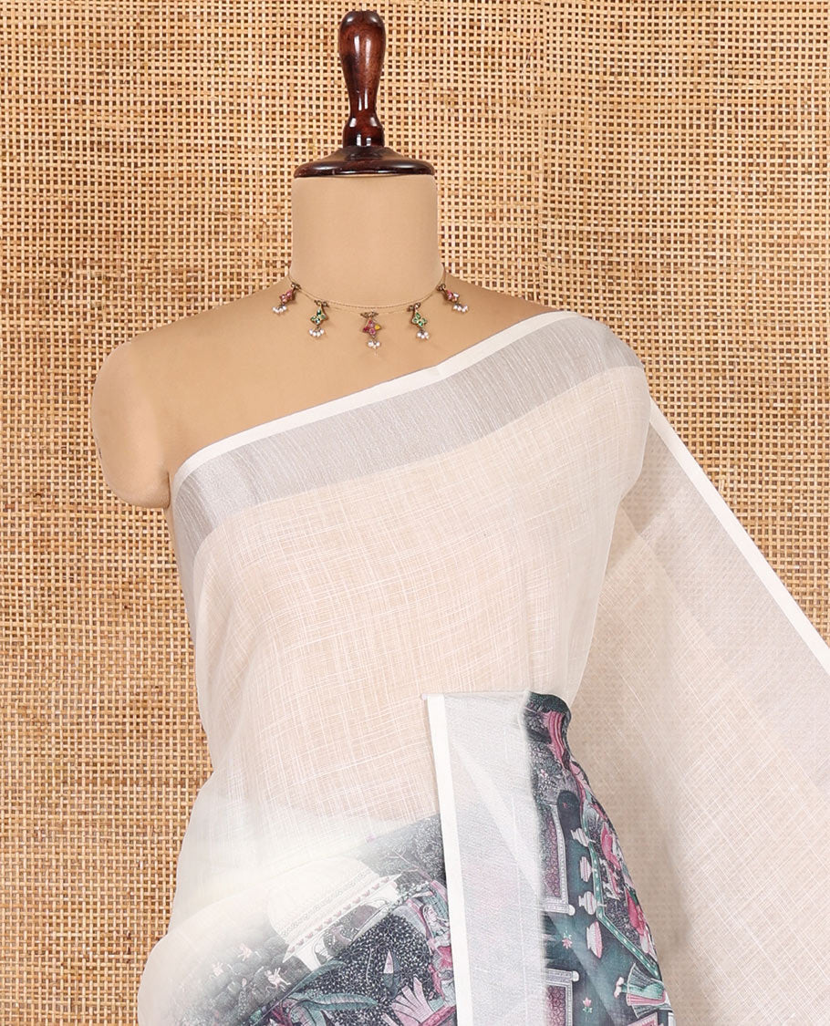 Cream-Pink Linen Cotton Saree Features Plain and Mughal-Style Print, a Zari Border, Printed Pallu, and a Contrast Blouse