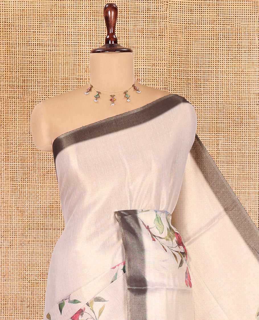Gold Tissue Saree, Elevated with Colorful Floral Print, a Contrast Plain Border, Floral Printed Pallu, and a Contrast Blouse