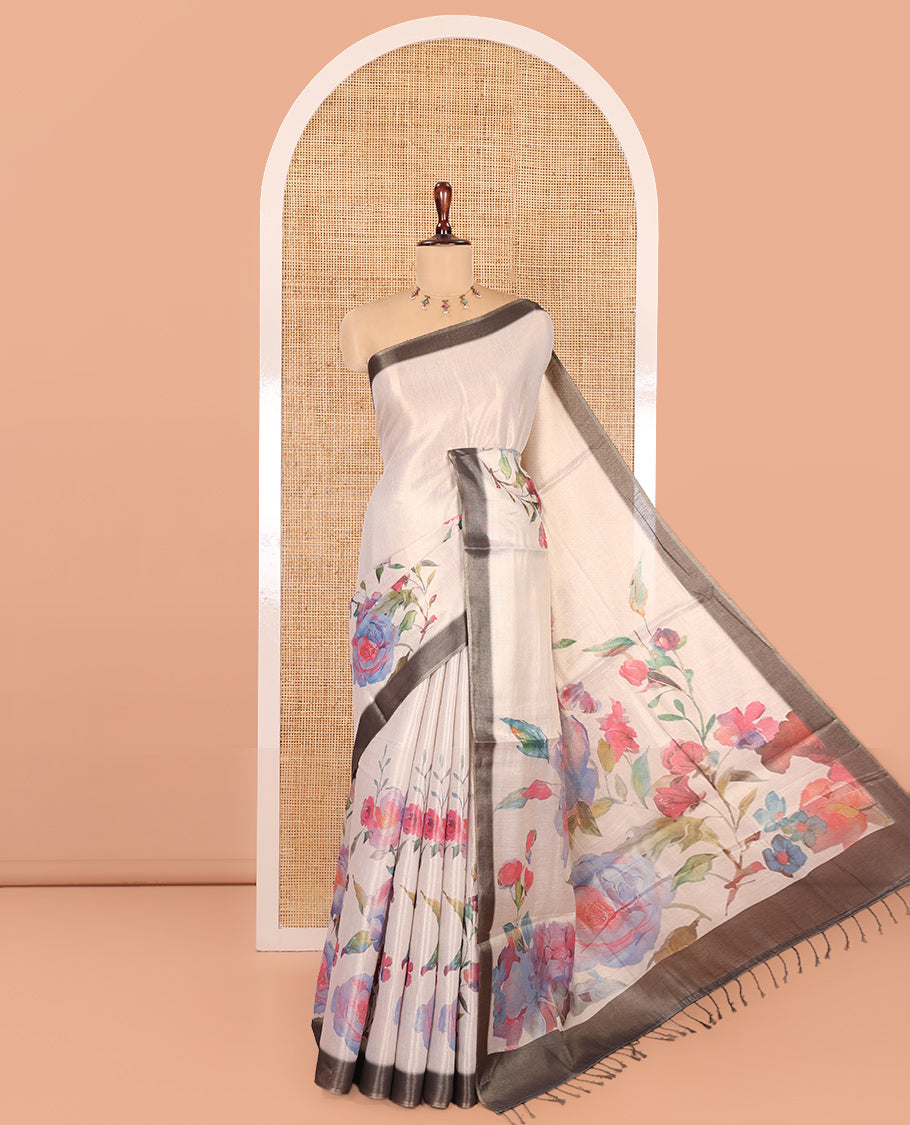 Gold Tissue Saree, Elevated with Colorful Floral Print, a Contrast Plain Border, Floral Printed Pallu, and a Contrast Blouse
