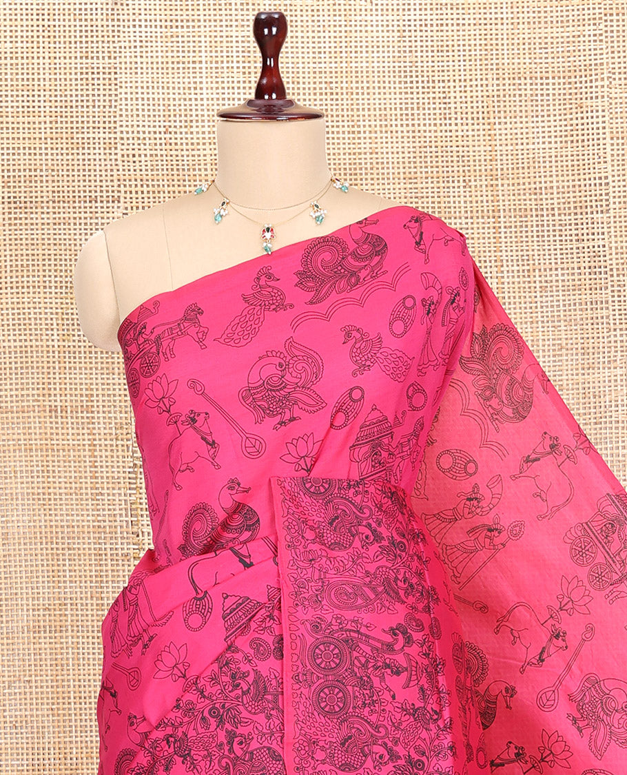 Borderless Pink South Cotton Saree, Crafted with Kalamkari-Style Motifs Outline Print, and a Matching Blouse
