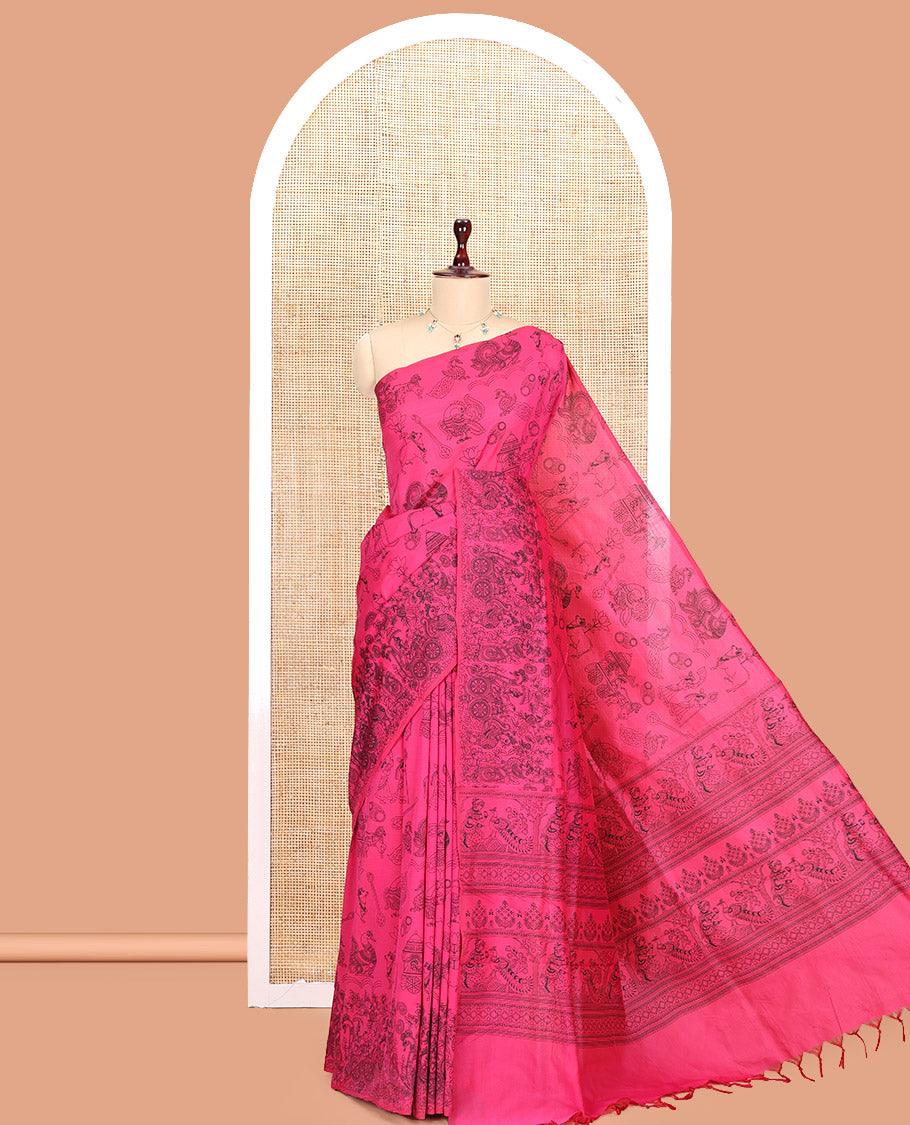 Borderless Pink South Cotton Saree, Crafted with Kalamkari-Style Motifs Outline Print, and a Matching Blouse