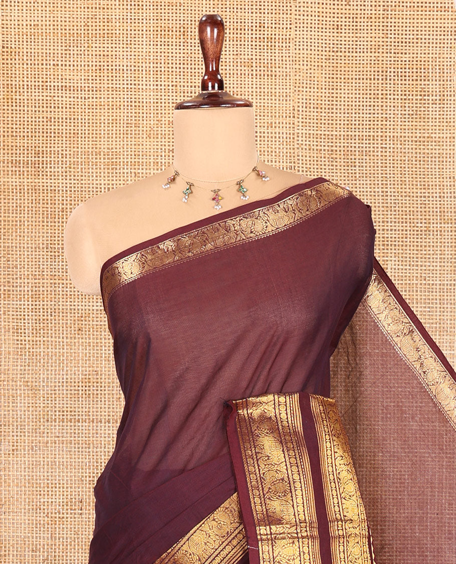 Coffee Brown Plain Chettinad Cotton Saree, Highlighted by Rettai Pettu Peacock-Elephant Border, a Matching Blouse