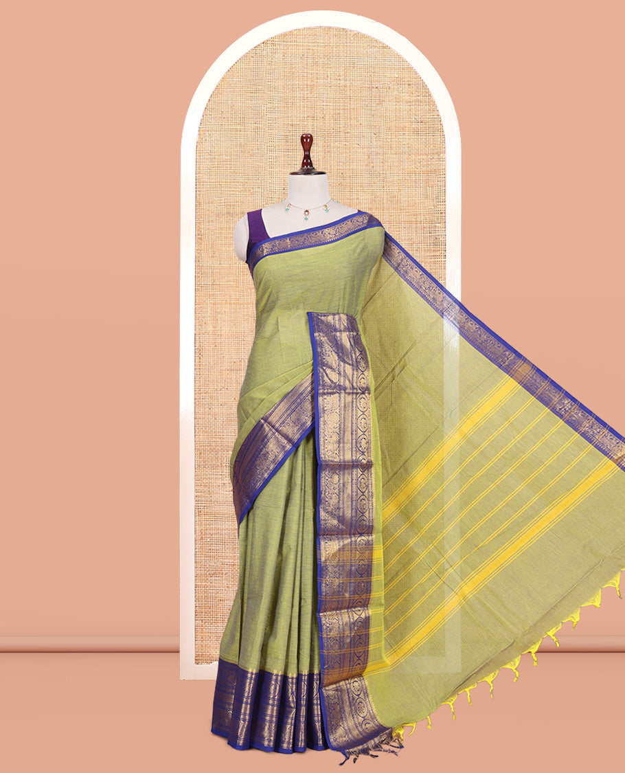 Elachi Green Plain Chettinad Cotton Saree, Complemented by a Contrast Traditional Zari Peacock-Elephant Border, a Matching Blouse