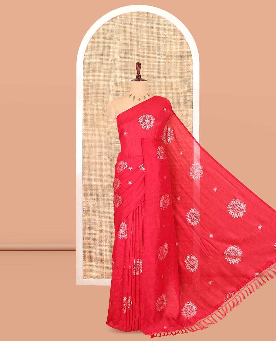 Borderless Pink Vichitra Silk Saree, Enriched with Circle Buttas, a Self-Pallu, and No Blouse