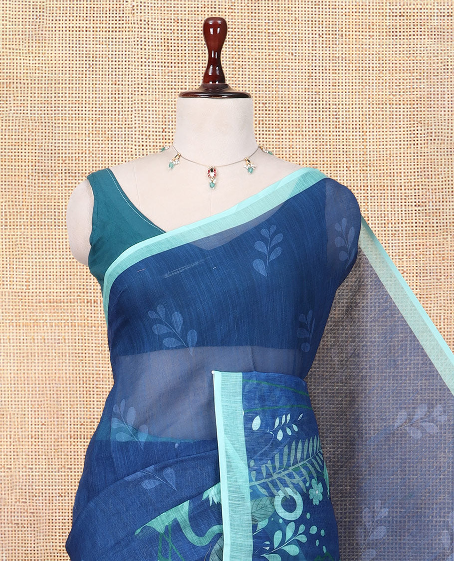 Blue Linen Cotton Saree, Beautified with Floral Crane Motifs Print, a Contrast Border, and a Contrast Blouse