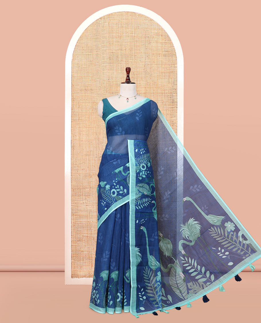 Blue Linen Cotton Saree, Beautified with Floral Crane Motifs Print, a Contrast Border, and a Contrast Blouse