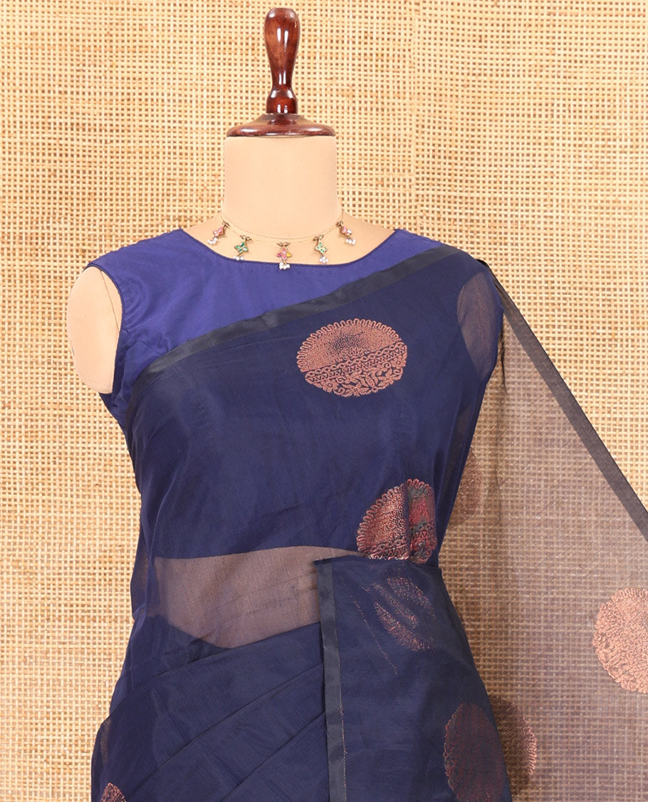 Borderless Navy Semi-Silk Cotton Saree Accentuated with Circle Zari Buttas, a Contrast Intricate Pallu, and a Contrast Blouse