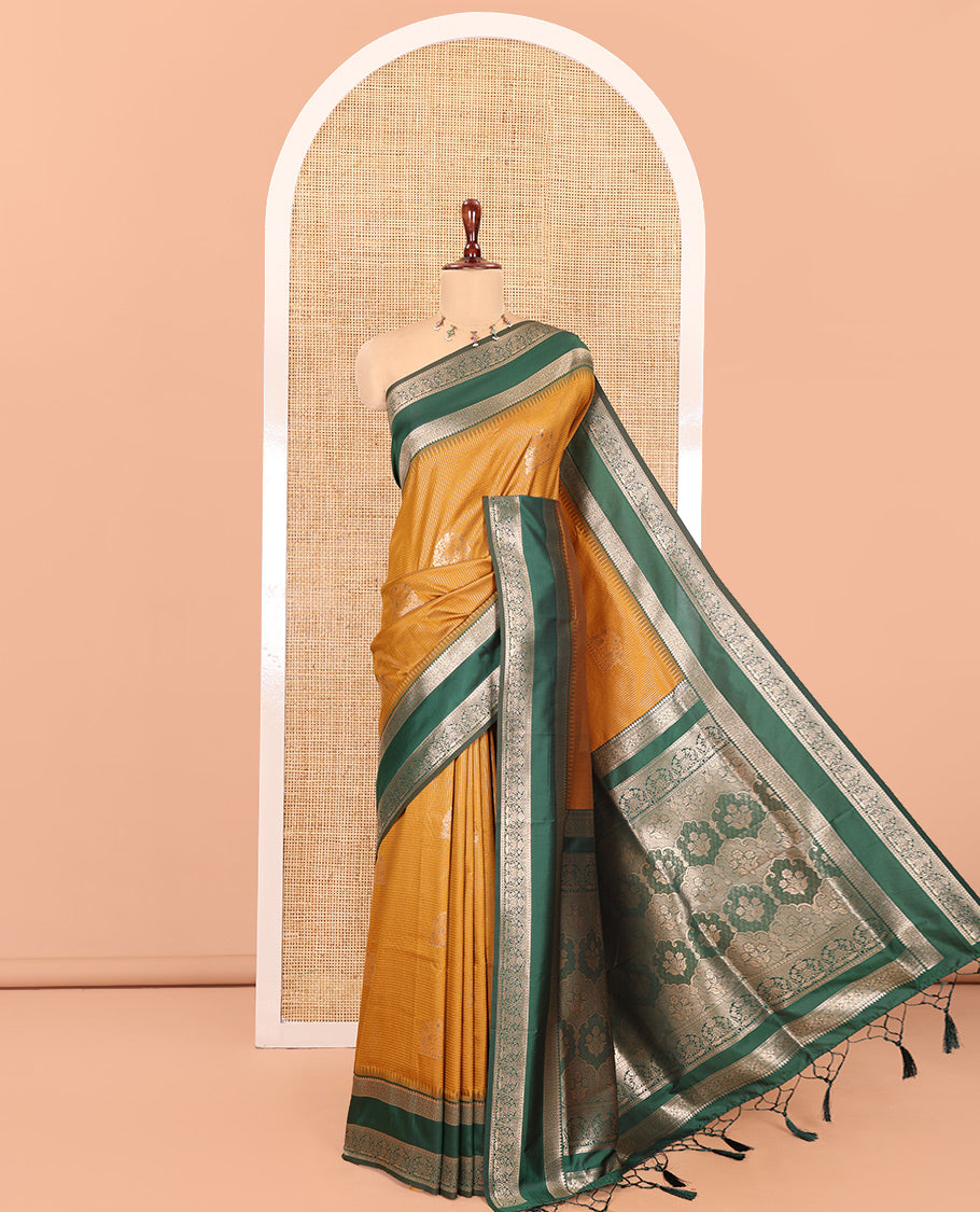 Mustard Zari Design Elite Soft Saree, Contrast Rettai Pettu Border, Grand Pallu, and a Contrast Blouse