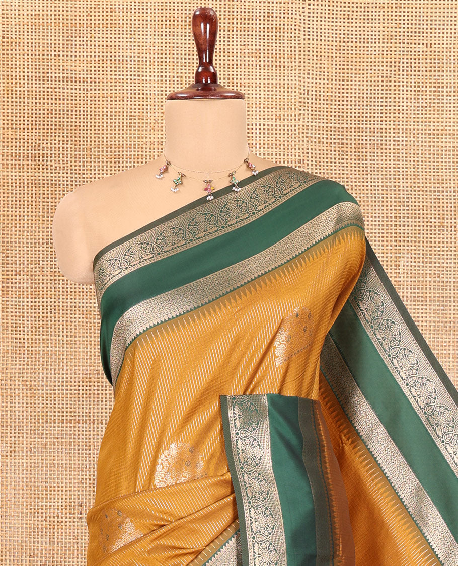 Mustard Zari Design Elite Soft Saree, Contrast Rettai Pettu Border, Grand Pallu, and a Contrast Blouse
