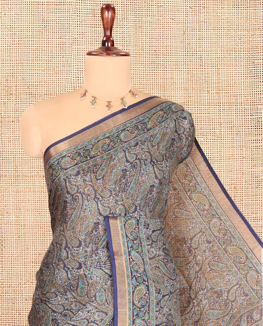 Navy Blue Malai Cotton Saree, Elevated with Paisley Print, a Self-Border, Intricate Pallu, Matching Blouse