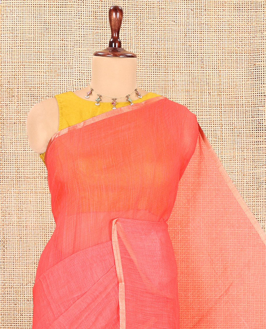 Tomato Pink Plain Linen Cotton Saree, a Piping Border, Contrast Striped Pallu, and Contrast Blouse