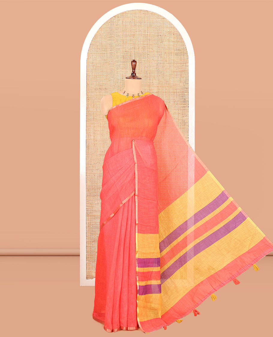 Tomato Pink Plain Linen Cotton Saree, a Piping Border, Contrast Striped Pallu, and Contrast Blouse