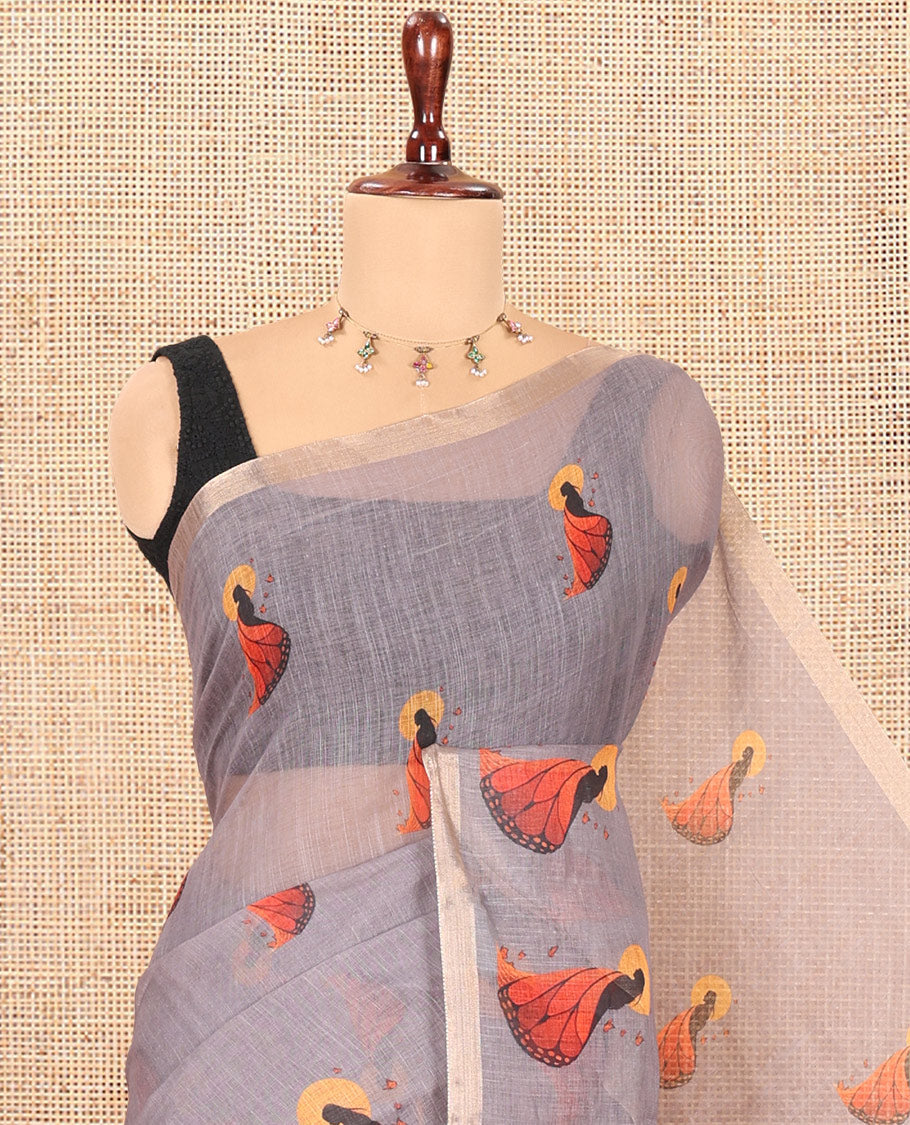 Light Brown Linen Cotton Saree, Adorned with Butterfly Woman Print, a Piping Border, a Contrast Blouse