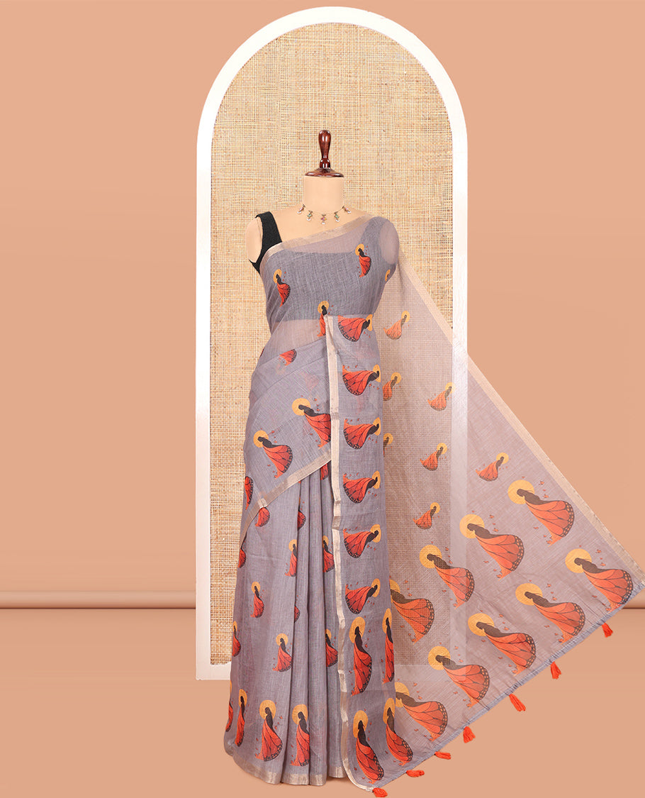 Light Brown Linen Cotton Saree, Adorned with Butterfly Woman Print, a Piping Border, a Contrast Blouse