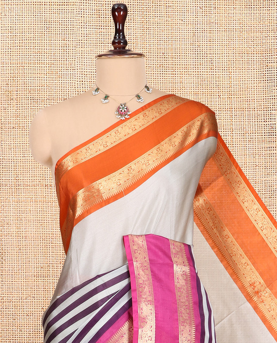 Grey Half-And-Half Semi-Katan Silk Saree Features Stripes, Contrast Ganga-Jamuna Border, Matching Blouse