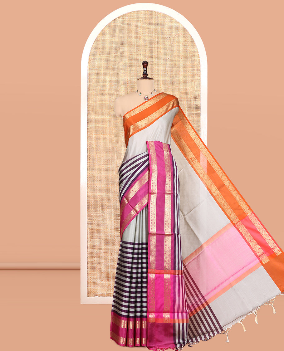 Grey Half-And-Half Semi-Katan Silk Saree Features Stripes, Contrast Ganga-Jamuna Border, Matching Blouse