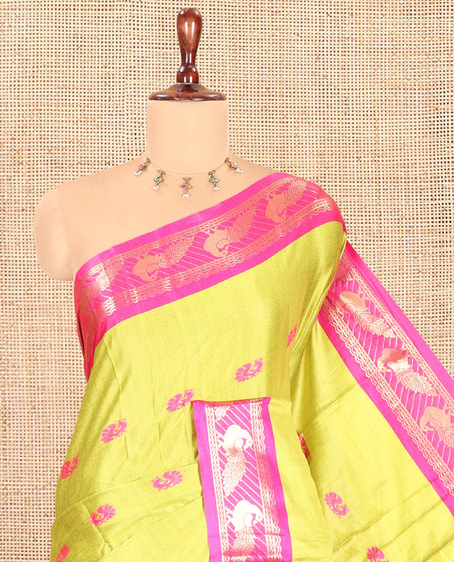 Parrot Green-Pink Peacock Buttas Semi-Soft Silk Saree, Contrast Peacock Border, Buttas Pallu, Matching Blouse