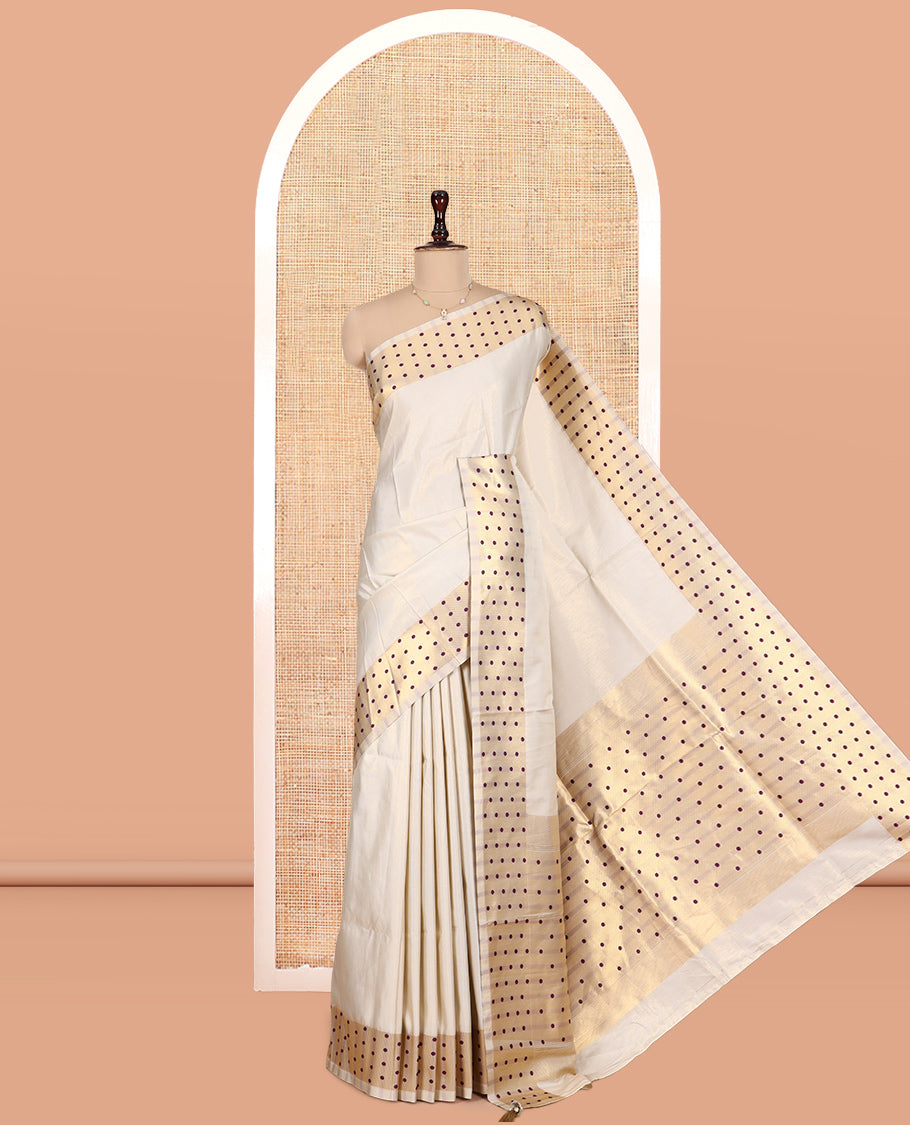 Gold-Purple Plain Tissue Saree, Gold Polka-Dotted Border, Matching Blouse