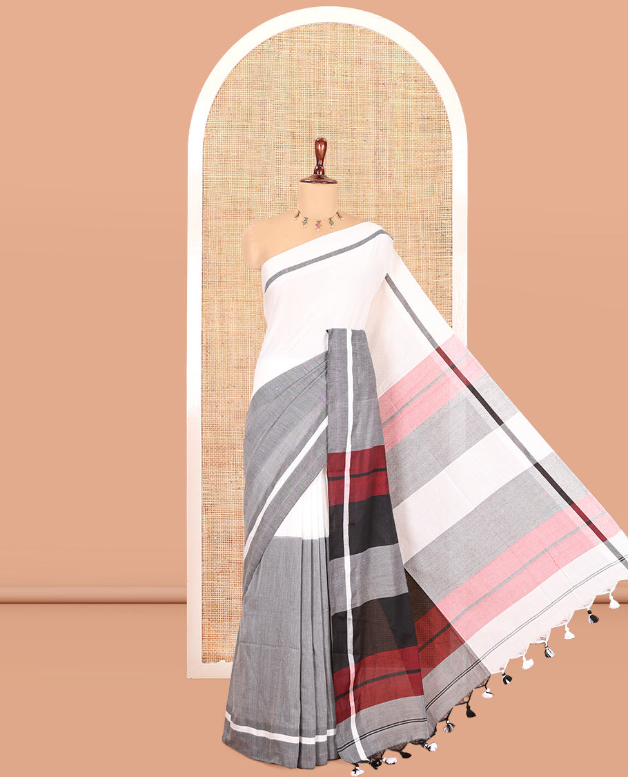 White-Grey Half-And-Half Plain Khadi Cotton Saree, a Self-Border, Striped Pallu, and No Blouse