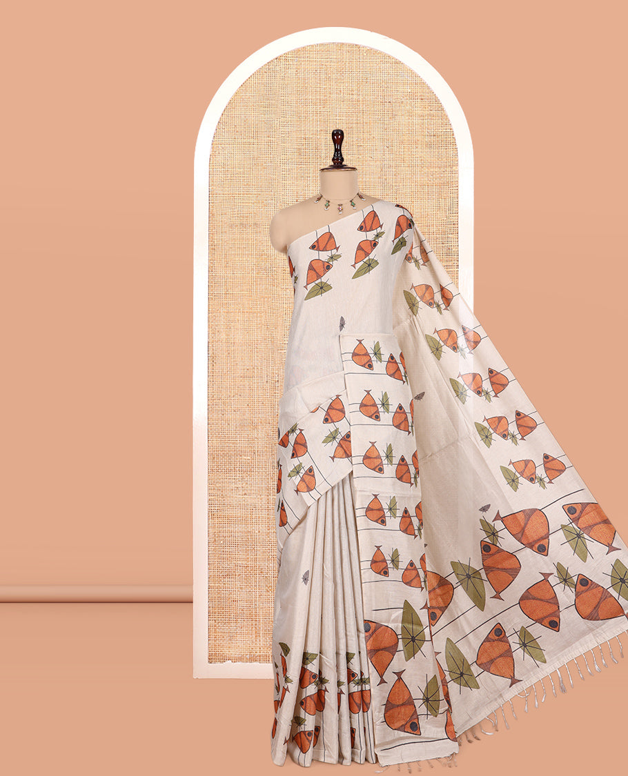 Gold Tissue Saree, Adorned with Fish Print, and a Matching Blouse