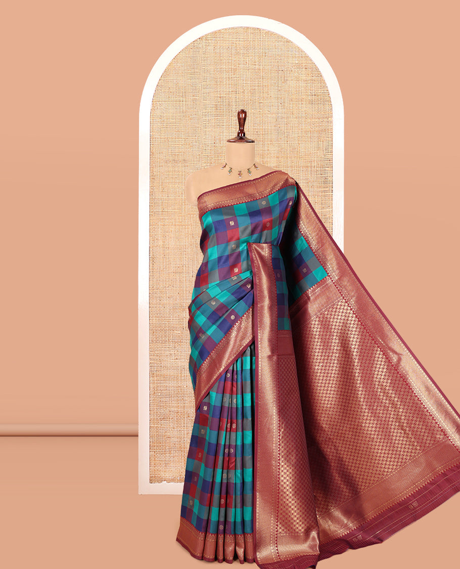 Maroon Buttas-Checked Semi-Kanchi Silk Saree, a Traditional Border, Grand Pallu, Matching Blouse
