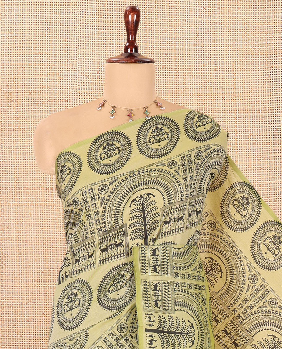 Borderless Pista Green Warli Printed South Cotton Saree, Printed Pallu and a Matching Blouse