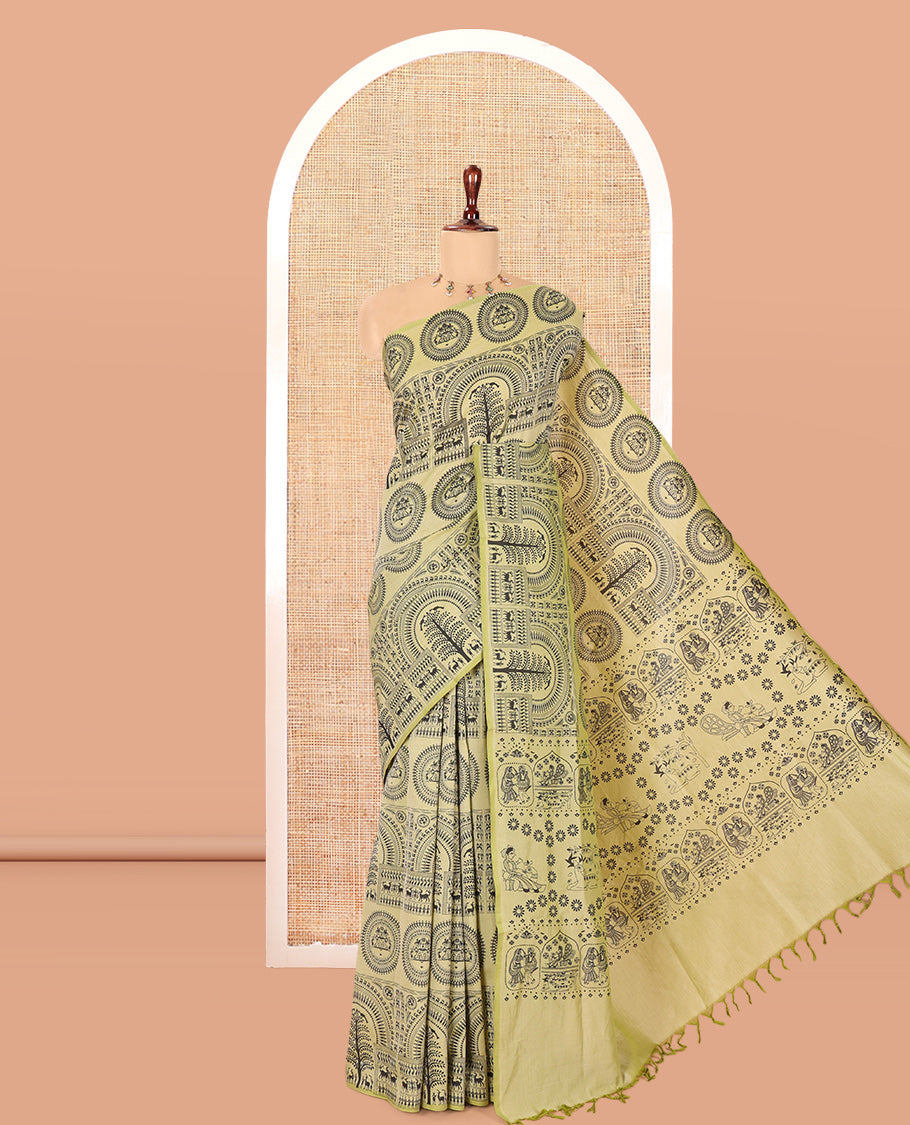 Borderless Pista Green Warli Printed South Cotton Saree, Printed Pallu and a Matching Blouse