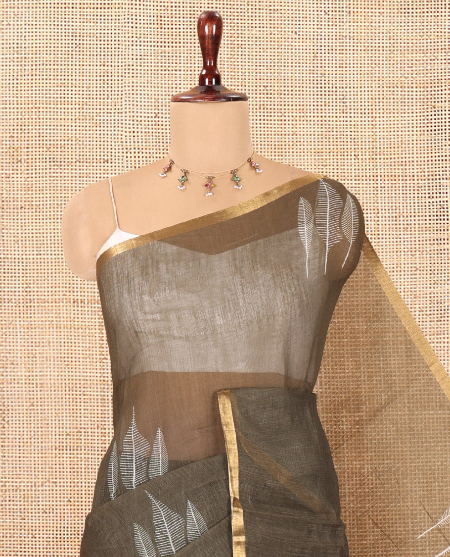 Olive Green Linen Cotton Saree Features Tree Print, a Zari Piping Border, and a Matching Blouse