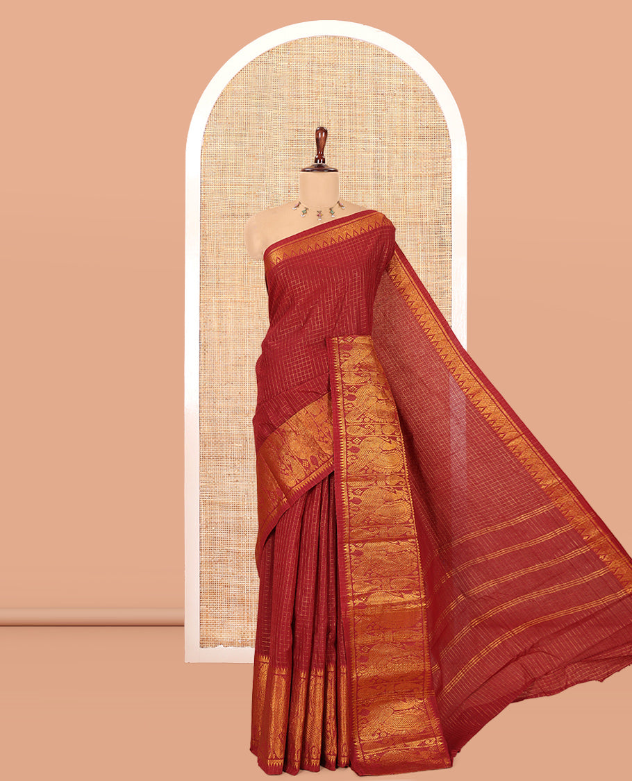 Maroon Checked Sungudi Cotton Saree, a Traditional Paisley-Peacock Zari Border, Self-Pallu, and a Contrast Blouse