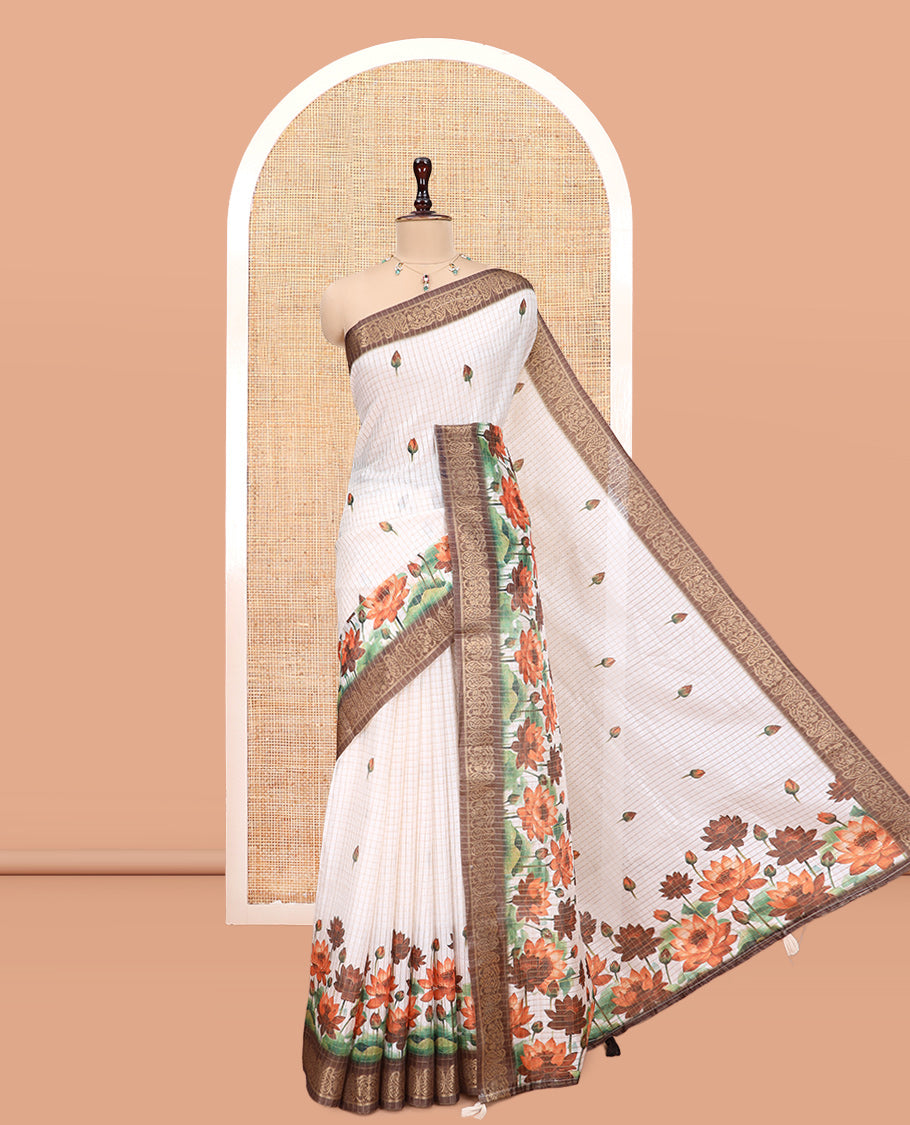 Cream-Brown Semi-Tussar Saree Features Checks and Floral Print, a Contrast Border, and a Matching Blouse