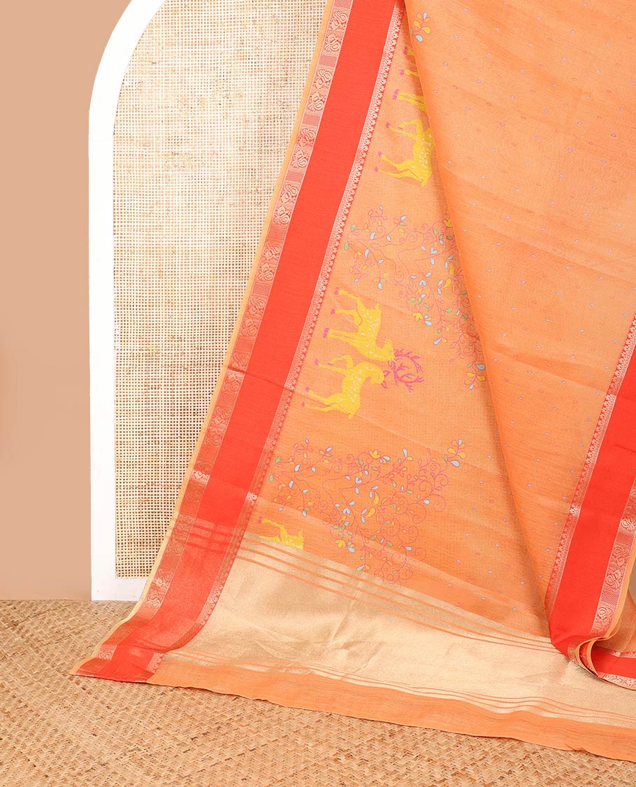 Honey color screen printed chanderi cotton saree with double pad annam border & tissue pallu along with brocade blouse