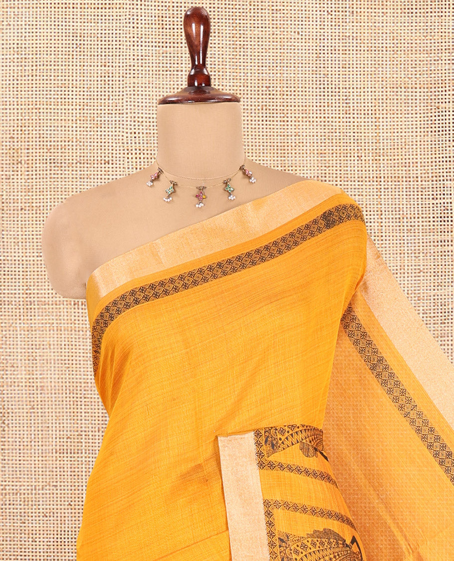 Yellow Semi-Katan Silk Saree, Adorned with Human Figurine, Copper Zari Border, Contrast Warli Pallu, and a Contrast Blouse