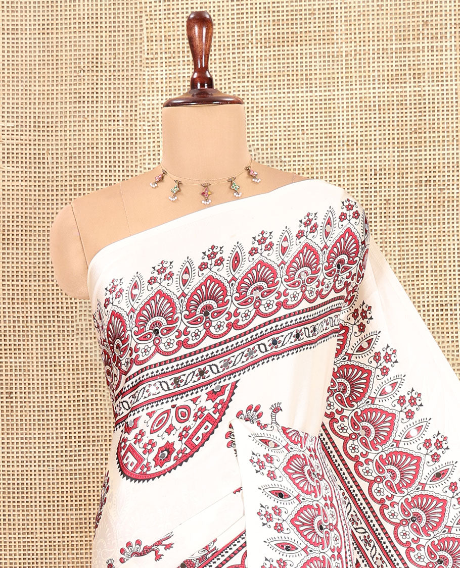 Cream Satin Crepe Saree, Enthralled with Peacock Print, and Mirror Work, Intricately Printed Border, and a Contrast Ajrakh Blouse