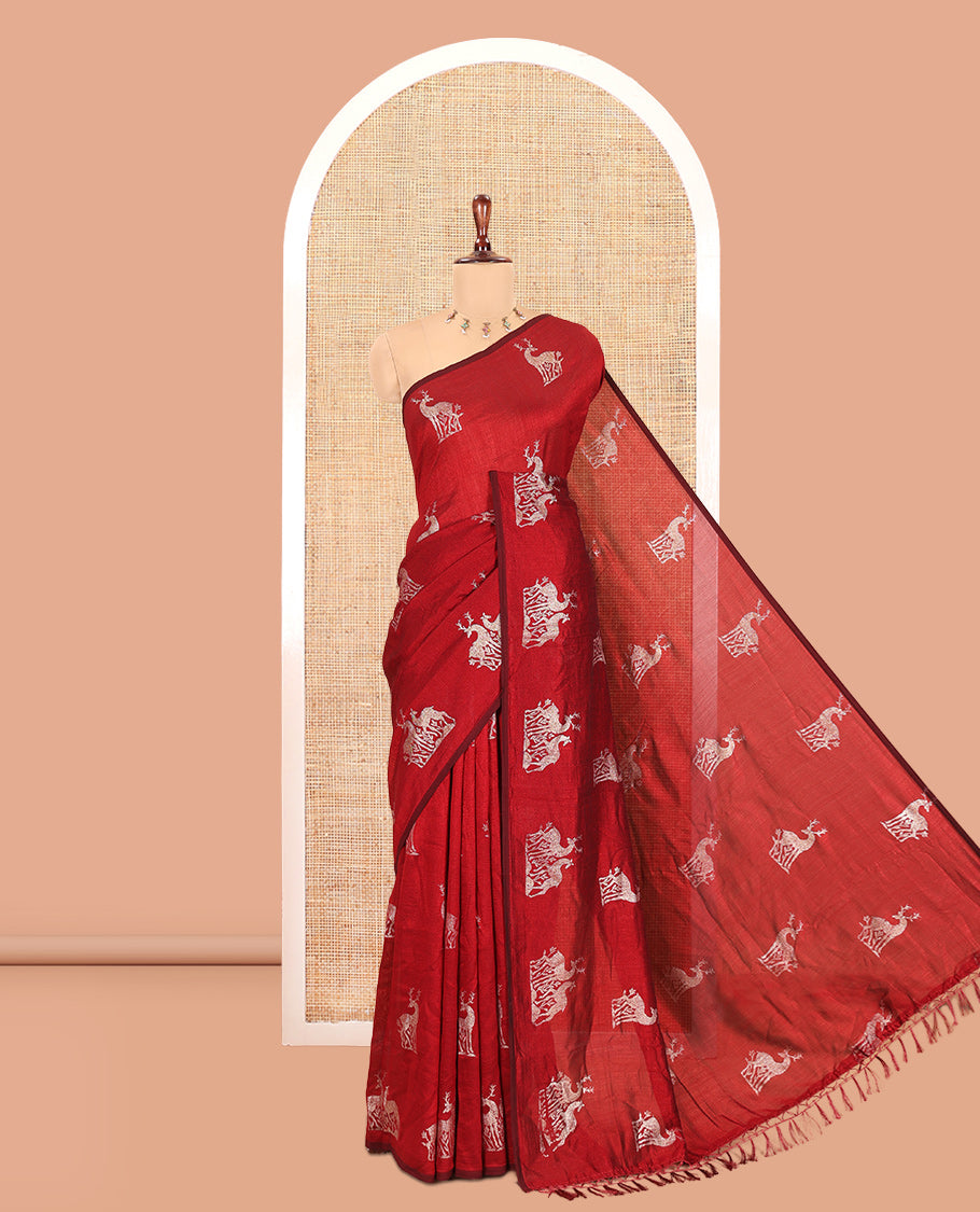 Borderless Red Vichitra Silk Saree, Embellished with Deer Motifs, Self-Pallu, No Blouse