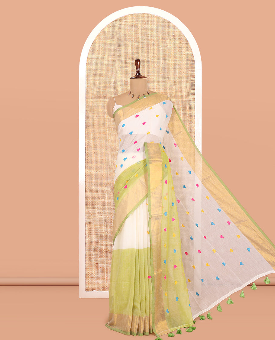 Cream-Green Half-And-Half Heart Motifs Embroidered Khadi Cotton Saree, Contrast Bavanji Border, No Blouse