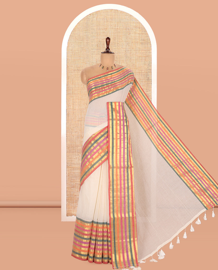 Cream Plain Khadi Mul Cotton Saree
