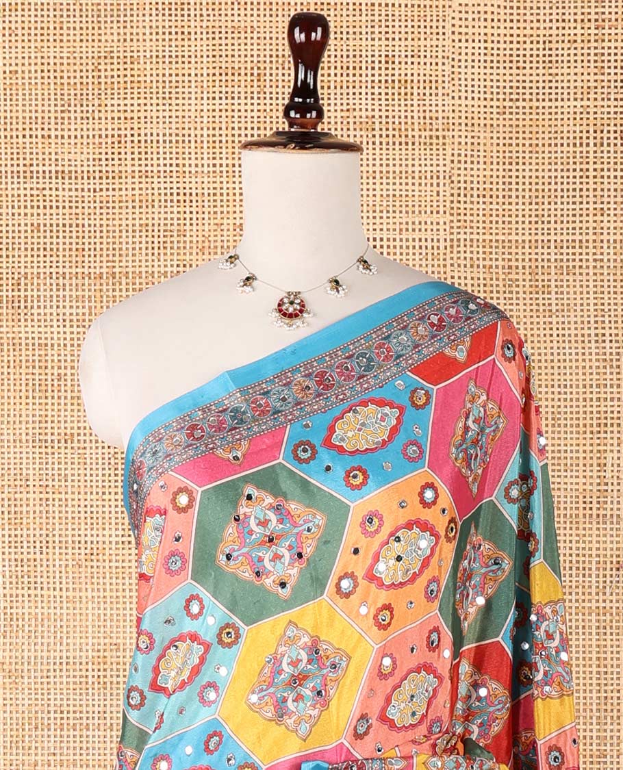 Blue geometric design, mirror work synon silk saree with printed border, mirror work & printed pallu along with plain blouse