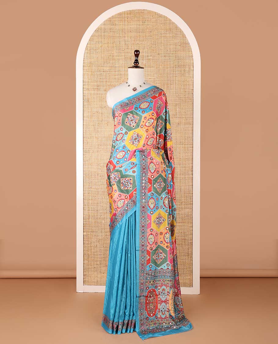 Blue geometric design, mirror work synon silk saree with printed border, mirror work & printed pallu along with plain blouse