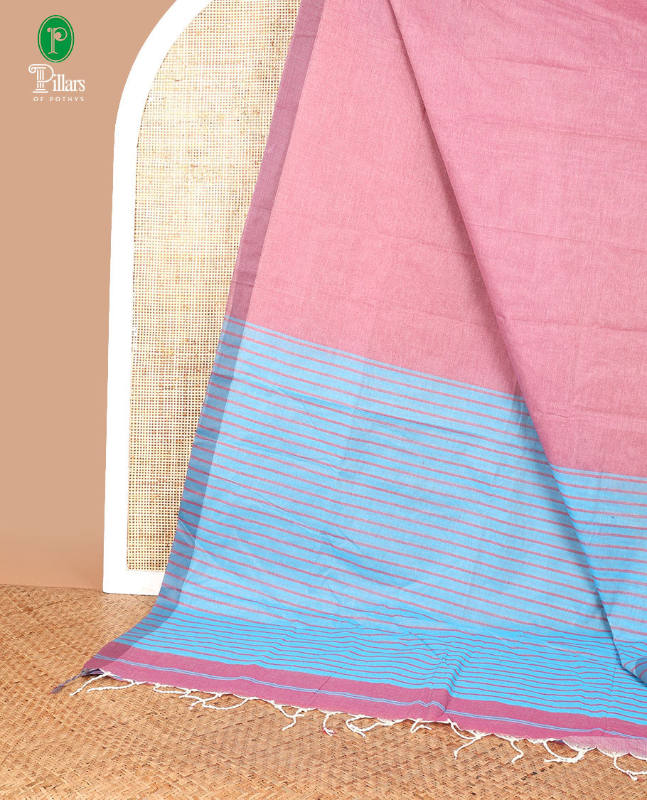 Pink jute cotton saree with contrast piping border & lining pallu along with contrast lining blouse