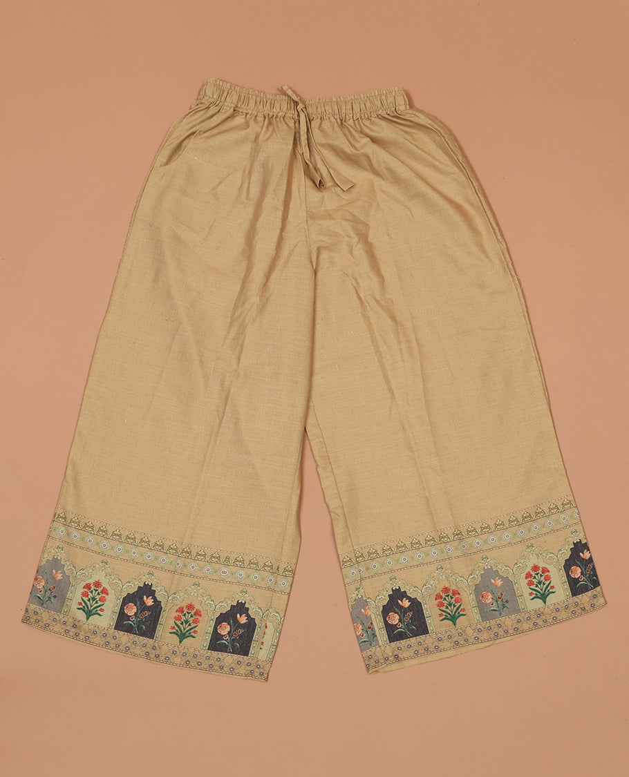 Chikku base multi-color floral butta enclosed Mughal-arches slub cotton palazzo pants