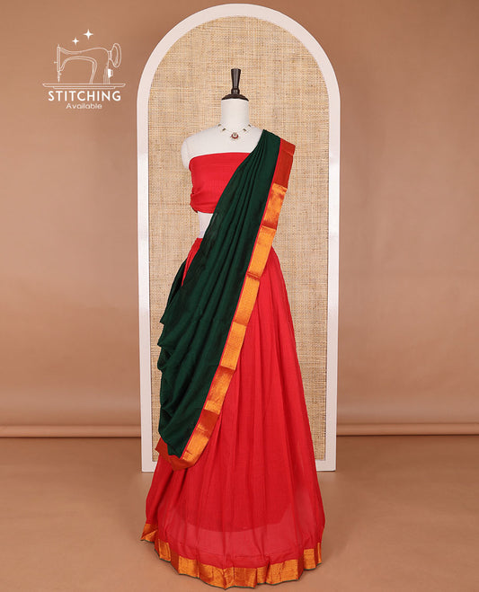 Orange mercerised cotton daman zari border half saree with cotton blouse &  georgette one side zari border