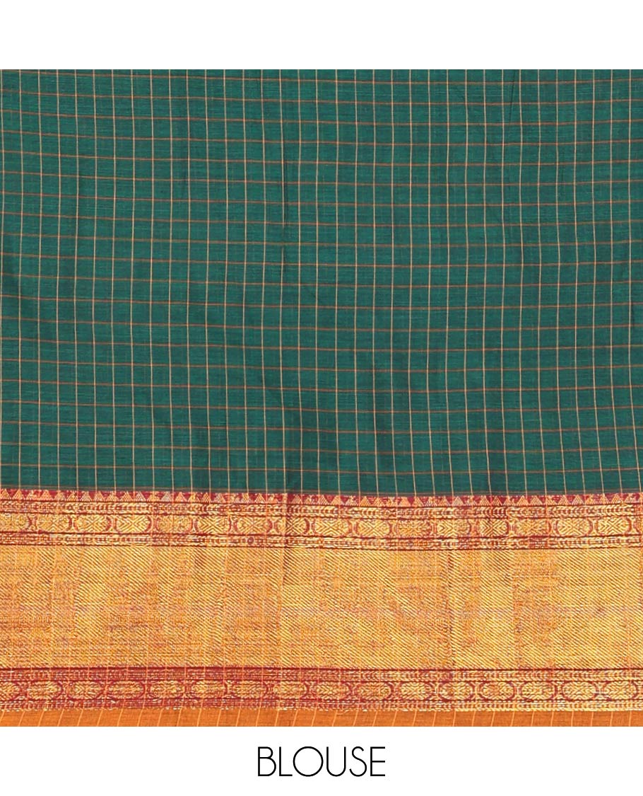 Dark green mercerised cotton daman zari border, checked design half saree with mercerised cotton checked blouse & skya georgette one side zari border work