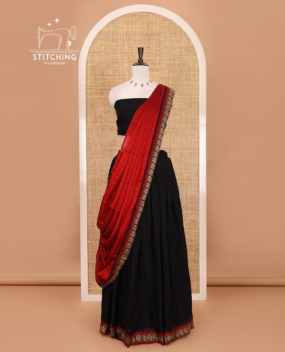 Black-red mercerised cotton half-saree, plain & contrast temple & peacock border skirt, matching blouse & contrast syska georgette dhavani