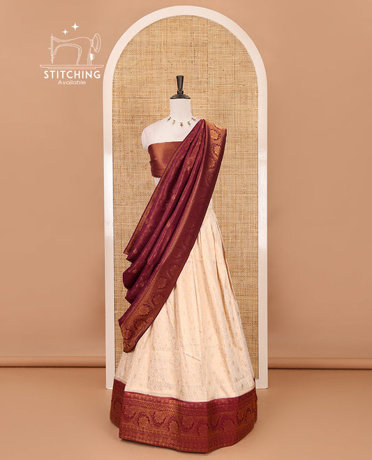 Cream-purple half-saree, zari jacquard & contrast traditional zari border banaras softy skirt, semi-banaras jacquard blouse & contrast zari design blouse