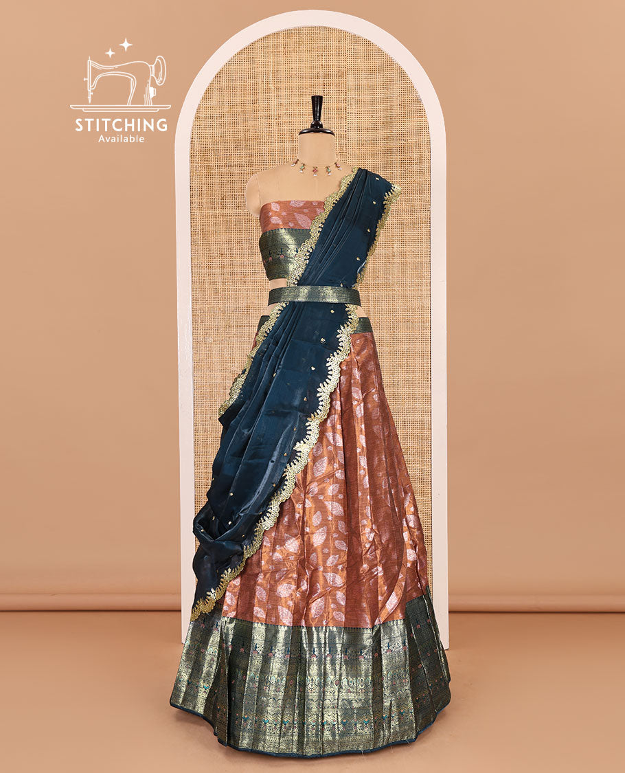 Copper and peacock color half-saree, leaf jacquard with contrast traditional bordered banarasi tissue skirt, a matching blouse, and a contrast scallop embroidered fendi organza dhavani