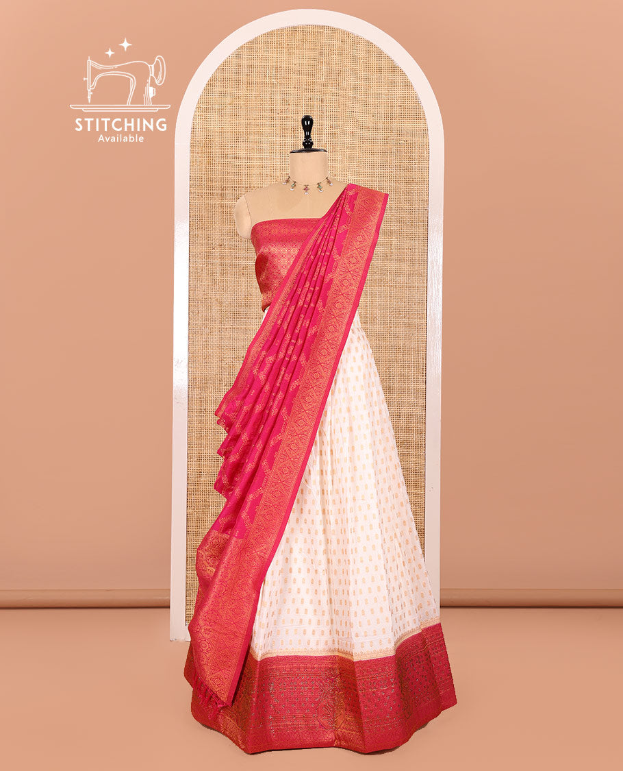 Cream and Pink Pure Georgette Crepe Half-Saree Featuring Buttas all Over Its Skirt, Complemented with Contrast Swarovski Stone Work Border, Paired with a Jacquard Blouse, and Contrast Banarasi Jacquard Dhavani
