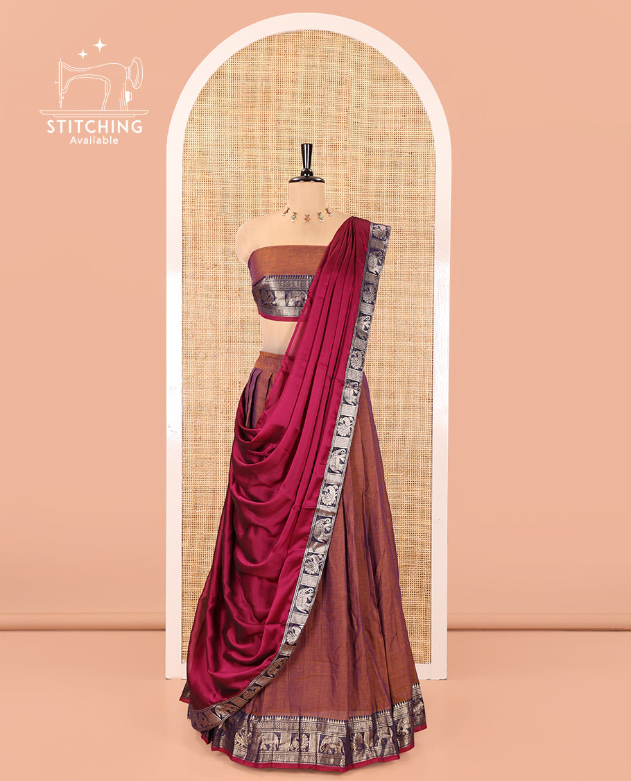 Dark Onion Pink-Rani Pink Mercerised Cotton Half-Saree Features Plain with Contrast Traditional Zari Bordered Skirt, Paired with a Matching Blouse, and Comes with a Contrast Bordered Dhavani