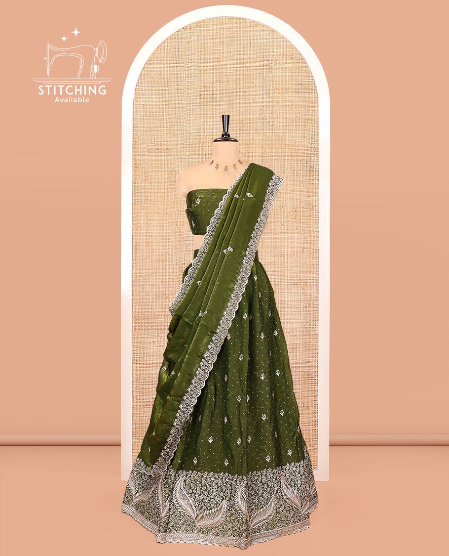 Green Organza Half-Saree, with Embroidered Buttas on Its Skirt, Embroidered Scallop Border, Paired with a Matching Blouse, and an Embroidered Fendi Organza Scallop Dhavani